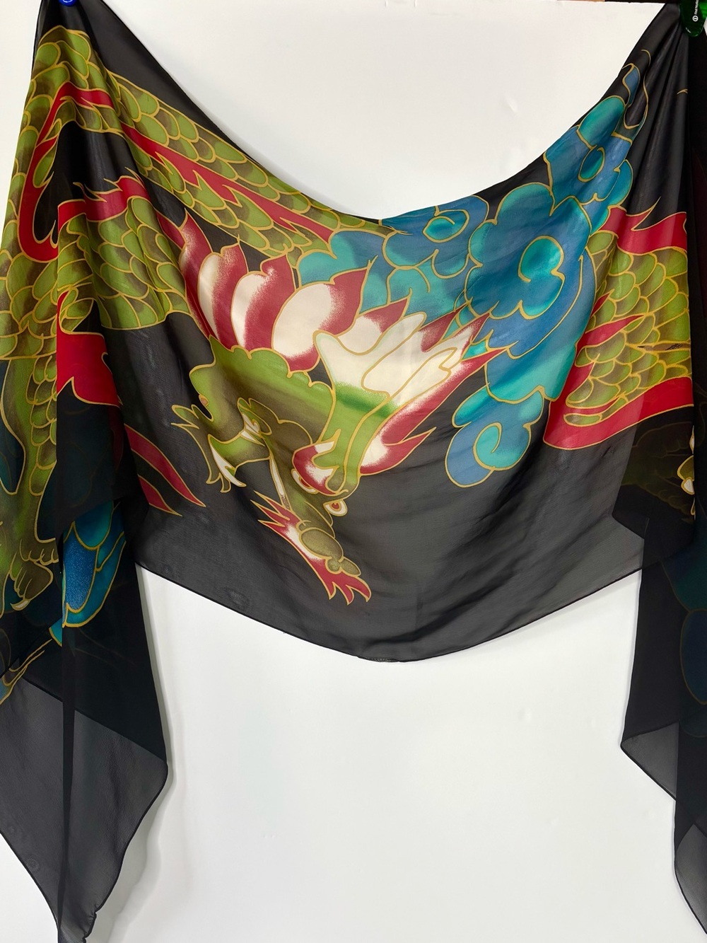 Dragon Motif East Asian Colorful Hand Painted Lightweight Black Scarf 78”
